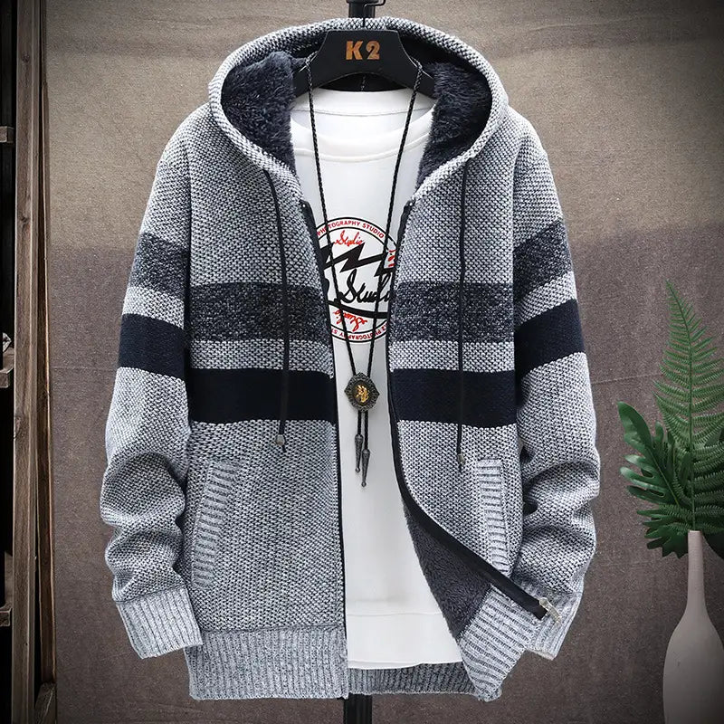 Men Striped Hooded Knit Cardigan Autumn Winter
