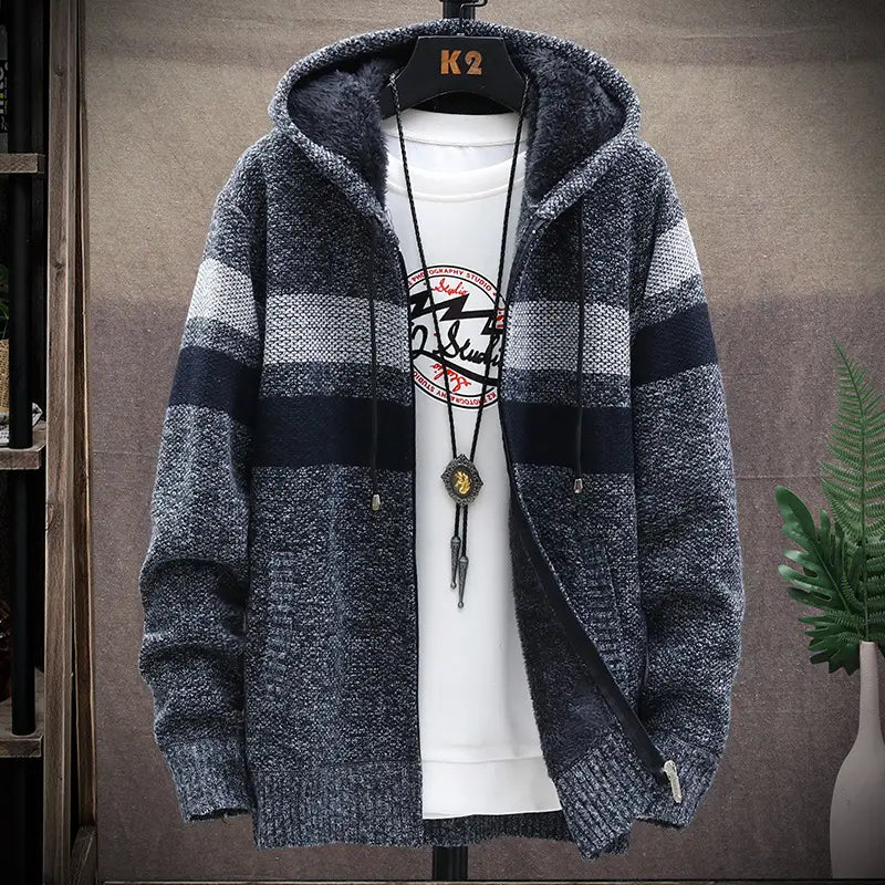 Men Striped Hooded Knit Cardigan Autumn Winter