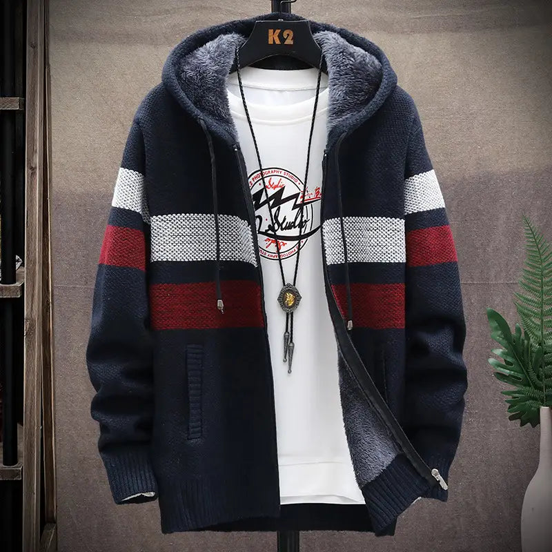 Men Striped Hooded Knit Cardigan Autumn Winter