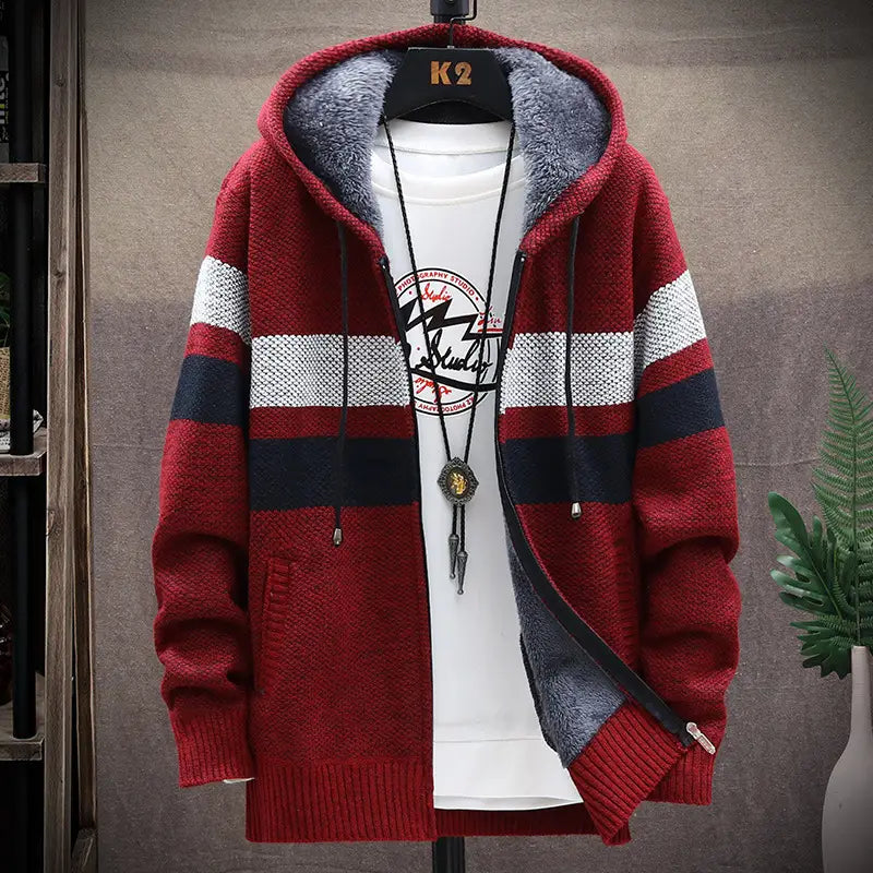Men Striped Hooded Knit Cardigan Autumn Winter