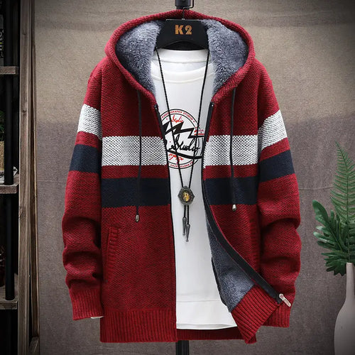 Men Striped Hooded Knit Cardigan Autumn Winter