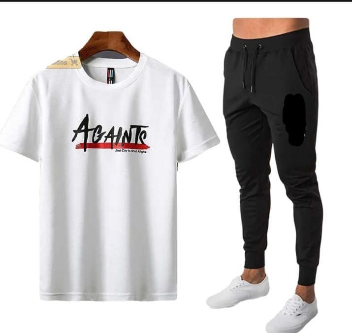 Men White Printed Polyester Track Suit 2 Pcs