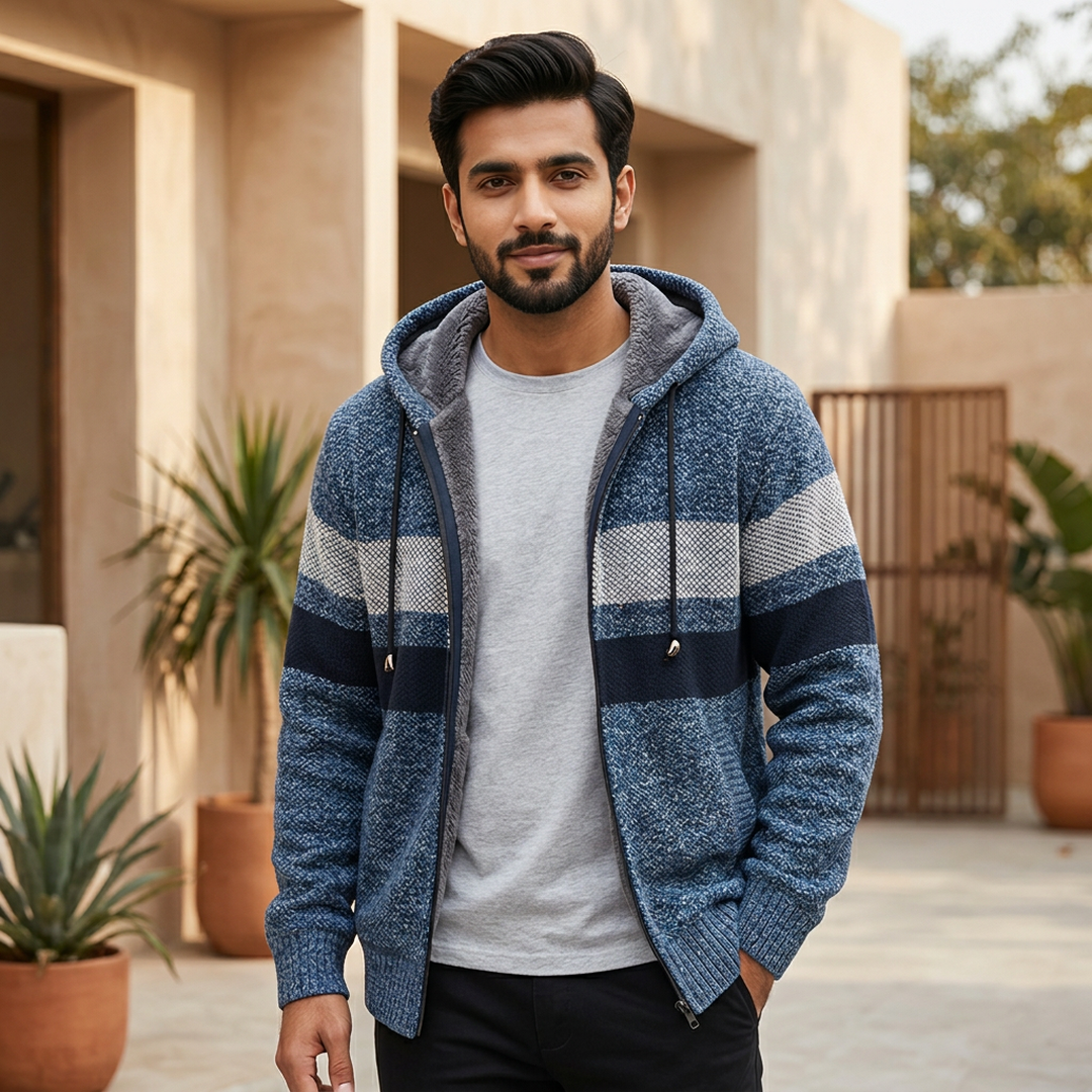 Men Striped Hooded Knit Cardigan Autumn Winter